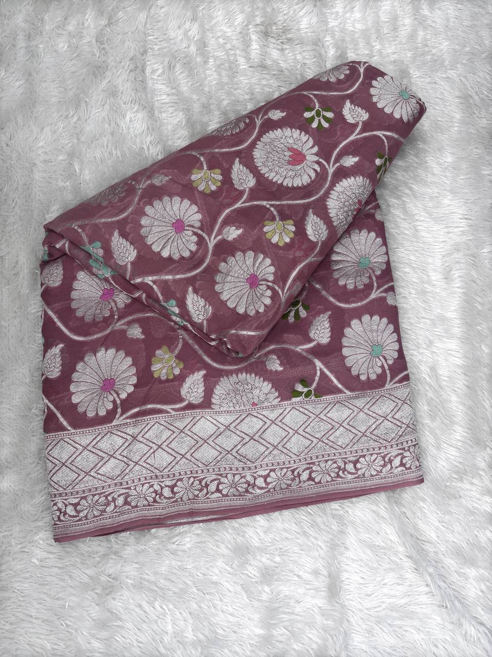 Onion Pink Handwoven Khaddi Georgette Banarasi Saree with Silver Zari Jaal & Multi-Color Meenakari Flowers