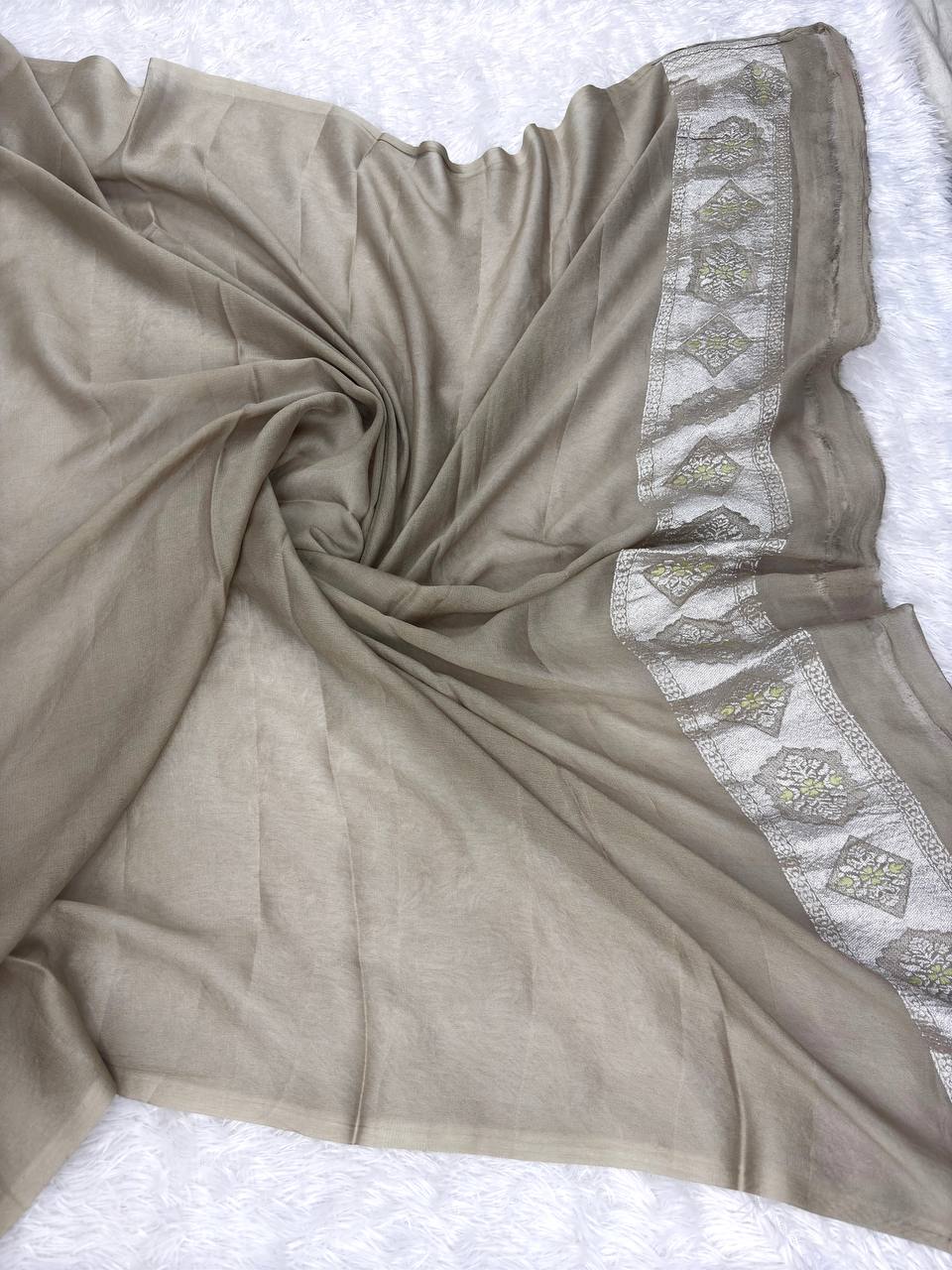Mushroom Taupe Khaddi Georgette Banarasi Saree with Multi-Color Meenakari Floral Columns & Silver Zari