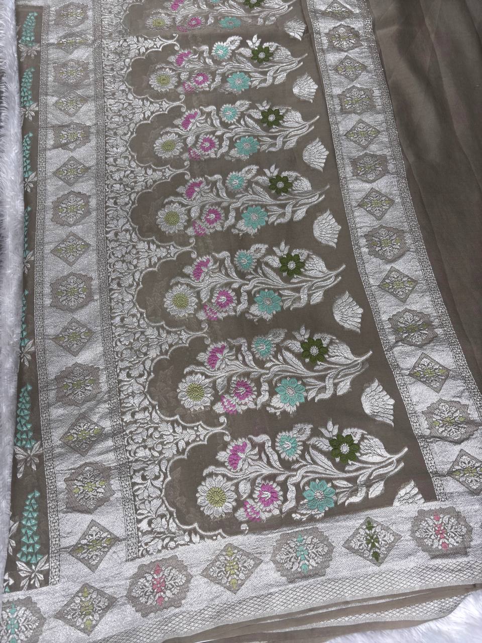 Mushroom Taupe Khaddi Georgette Banarasi Saree with Multi-Color Meenakari Floral Columns & Silver Zari