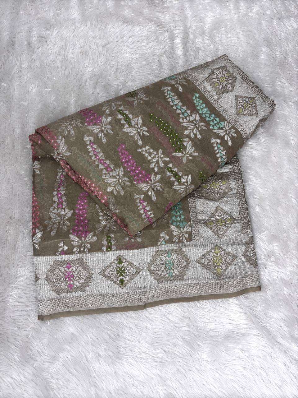 Mushroom Taupe Khaddi Georgette Banarasi Saree with Multi-Color Meenakari Floral Columns & Silver Zari