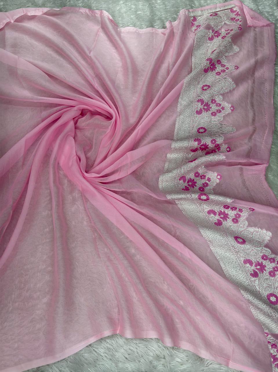 Baby Pink Handwoven Khaddi Georgette Banarasi Saree with Scalloped Zari Border & Pastel Meenakari Floral Jaal