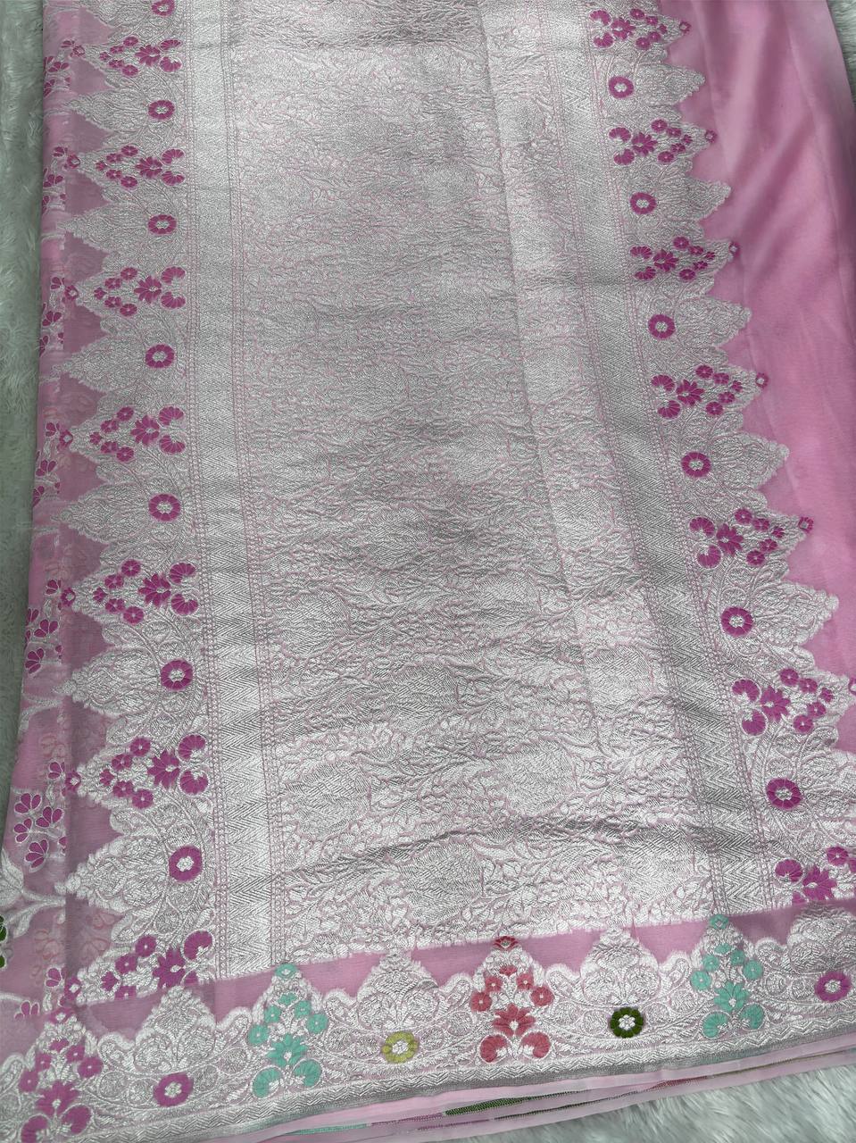Baby Pink Handwoven Khaddi Georgette Banarasi Saree with Scalloped Zari Border & Pastel Meenakari Floral Jaal