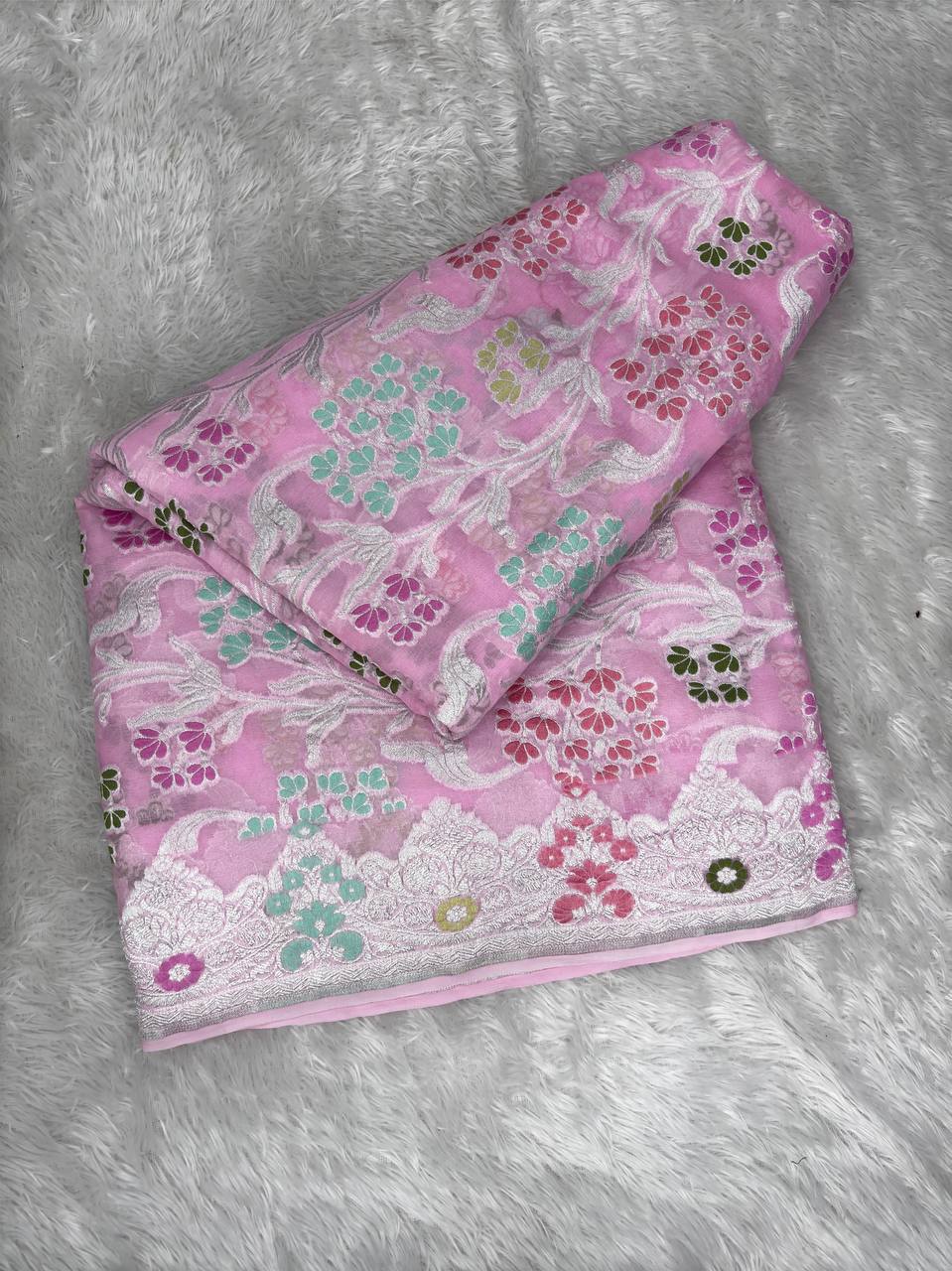 Baby Pink Handwoven Khaddi Georgette Banarasi Saree with Scalloped Zari Border & Pastel Meenakari Floral Jaal
