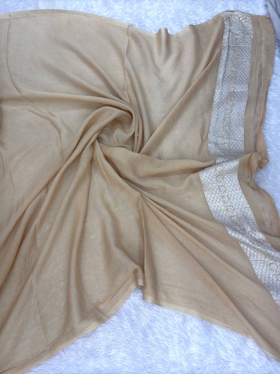 Sand Gold Handwoven Khaddi Georgette Banarasi Saree with Silver Zari Jaal & Multi-Color Meenakari Flowers