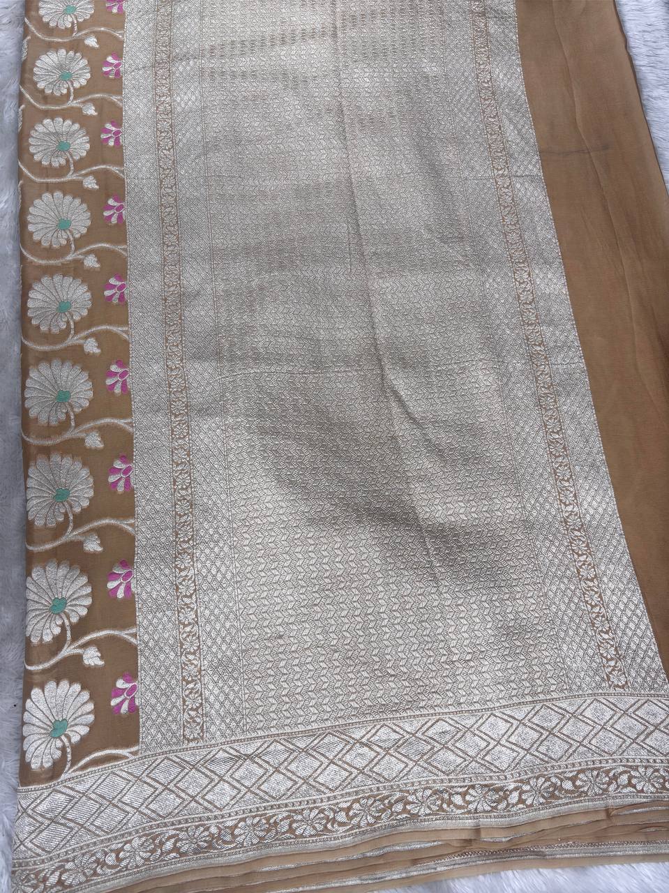 Sand Gold Handwoven Khaddi Georgette Banarasi Saree with Silver Zari Jaal & Multi-Color Meenakari Flowers