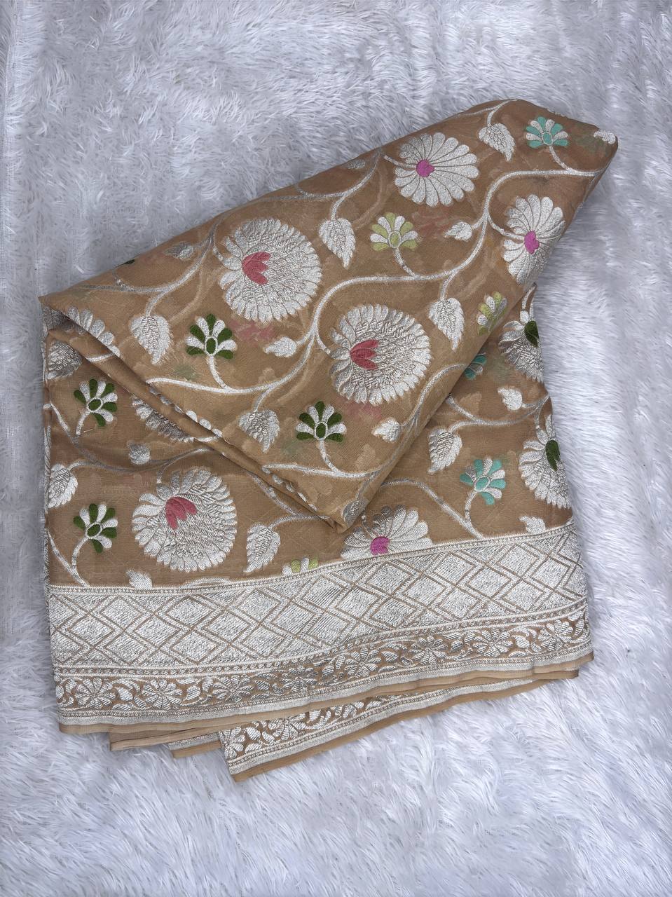 Sand Gold Handwoven Khaddi Georgette Banarasi Saree with Silver Zari Jaal & Multi-Color Meenakari Flowers