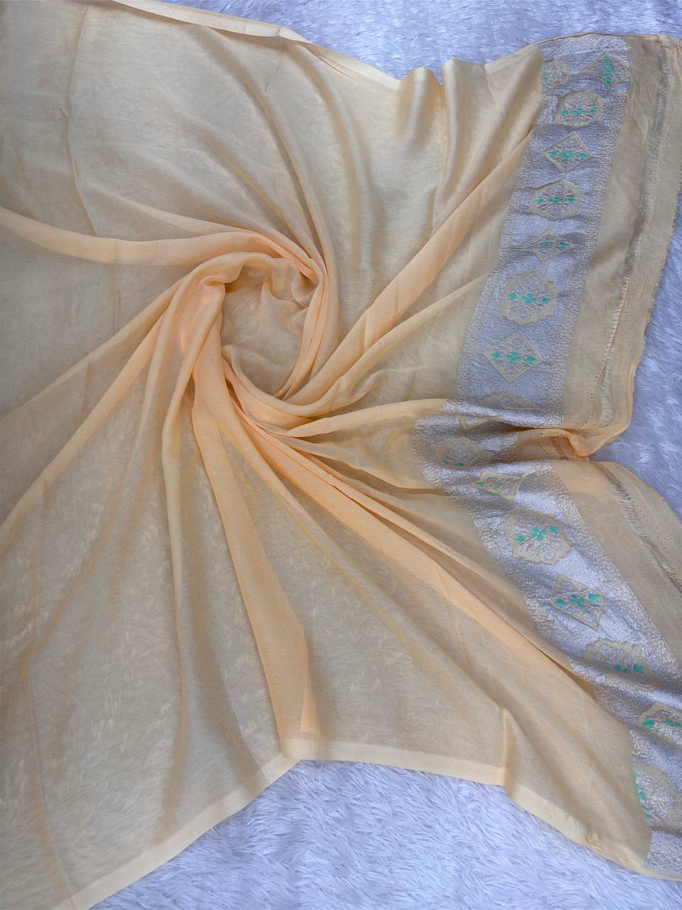 Peach Cream Khaddi Georgette Banarasi Saree with Multi-Color Meenakari Floral Sprigs & Silver Zari