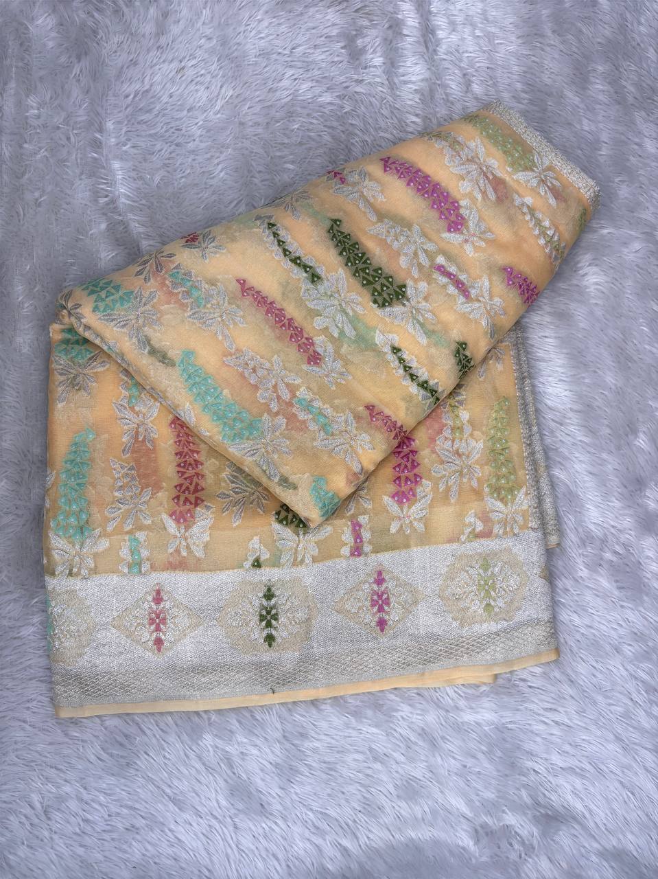 Peach Cream Khaddi Georgette Banarasi Saree with Multi-Color Meenakari Floral Sprigs & Silver Zari