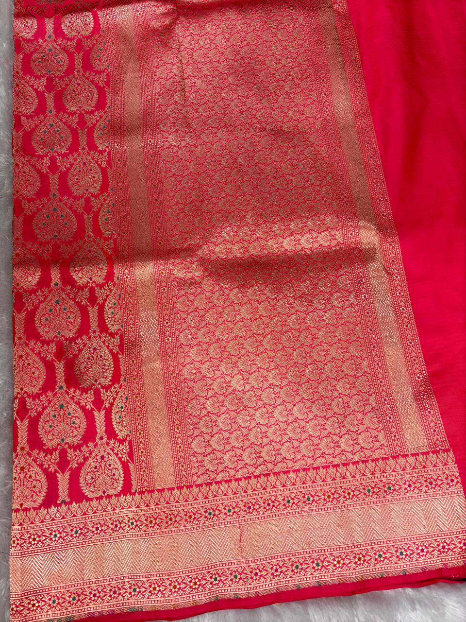 Royal Rani Pink Banarasi Katan Silk Saree with Antique Zari Brocade and Meenakari Accents