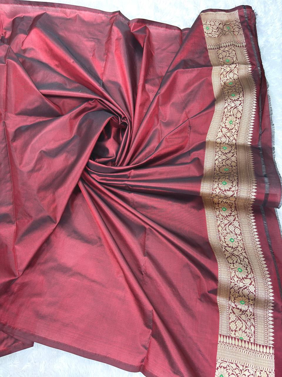 Wine Maroon Banarasi Katan Silk Saree with Allover Jaal Brocade and Meenakari Detailing