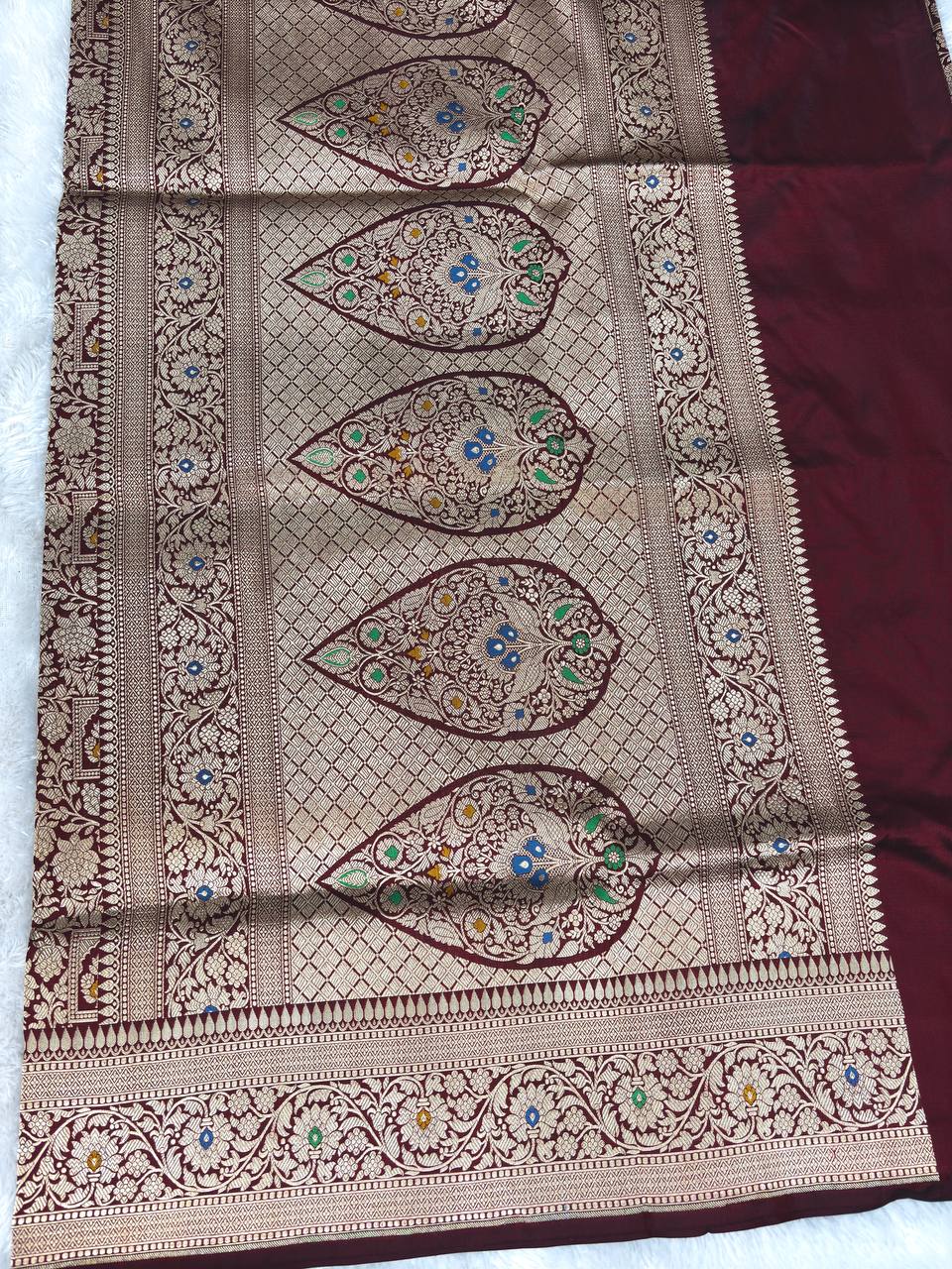 Wine Maroon Banarasi Katan Silk Saree with Allover Jaal Brocade and Meenakari Detailing
