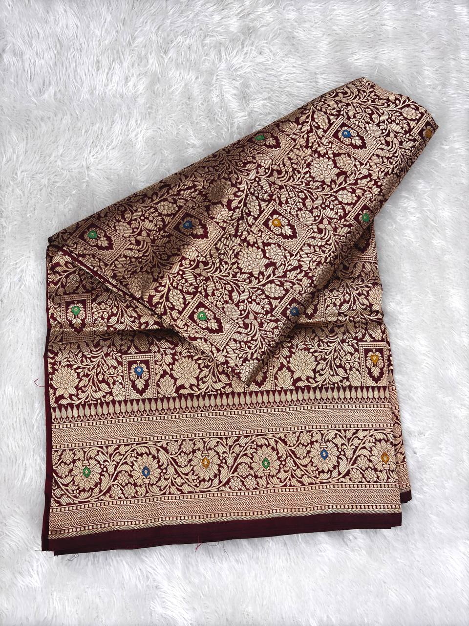 Wine Maroon Banarasi Katan Silk Saree with Allover Jaal Brocade and Meenakari Detailing