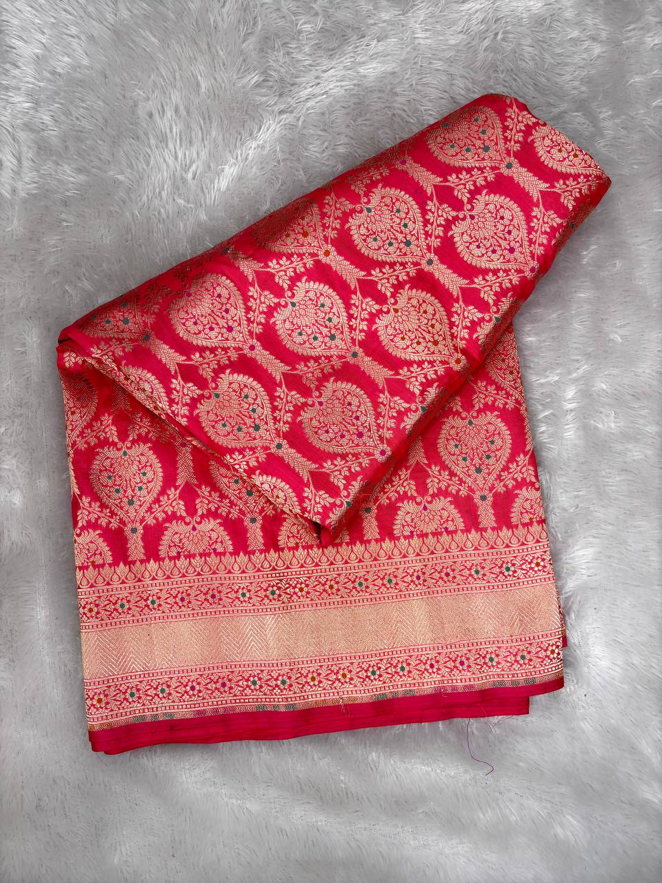 Royal Rani Pink Banarasi Katan Silk Saree with Antique Zari Brocade and Meenakari Accents