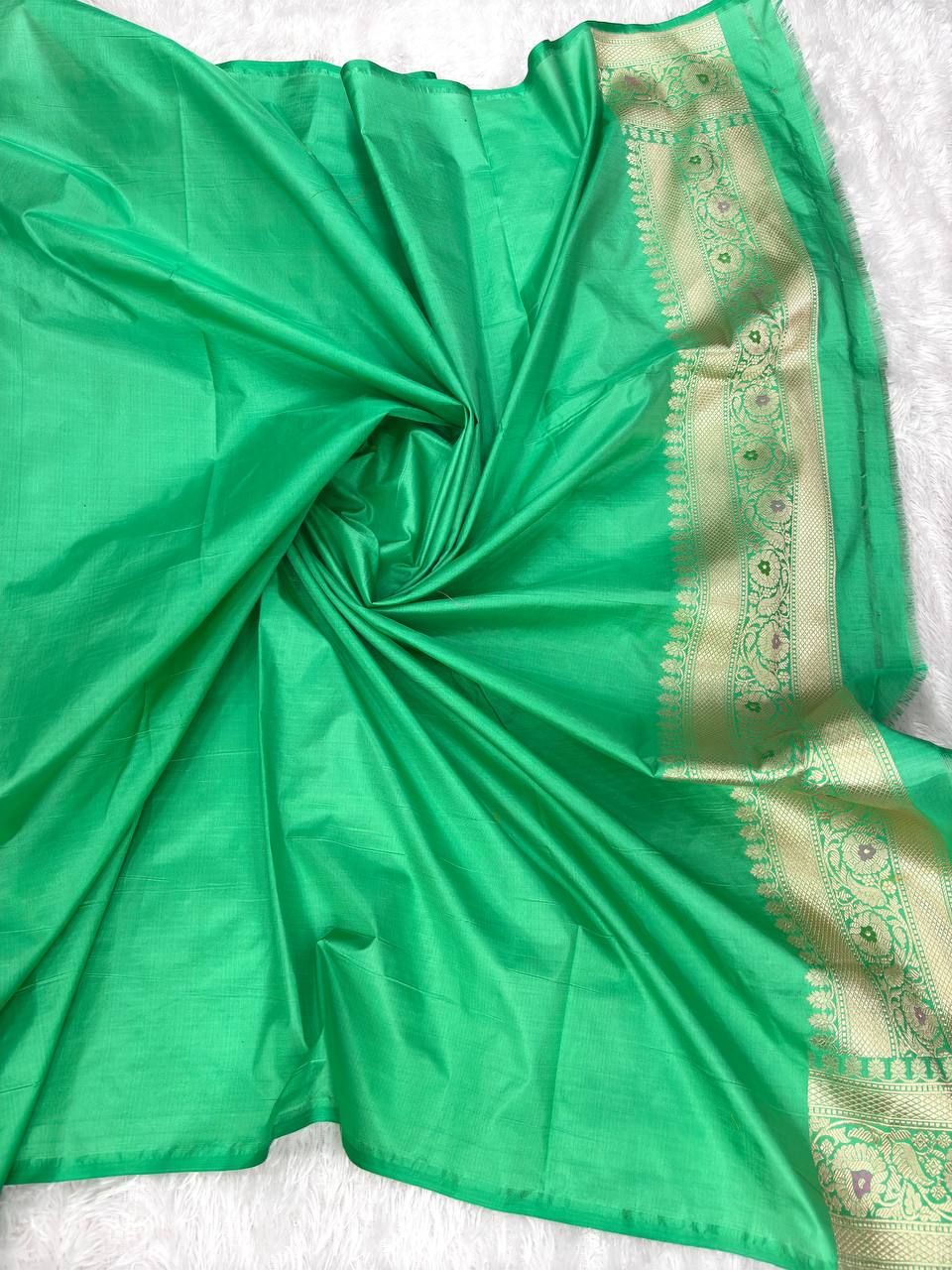 Emerald Green Banarasi Katan Silk Saree with Allover Floral Jaal and Pastel Meenakari