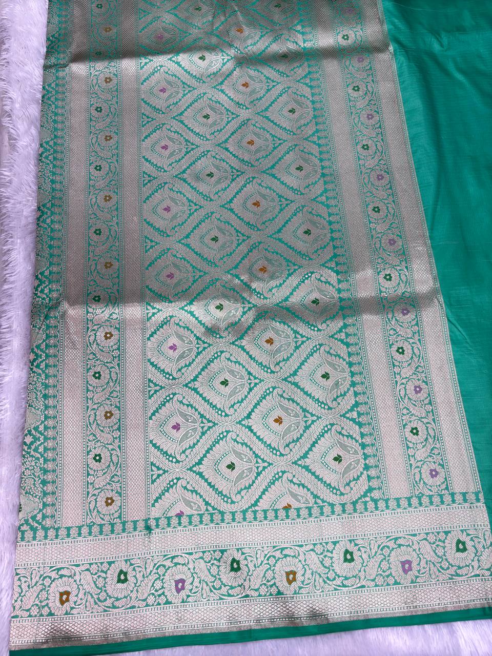 Emerald Green Banarasi Katan Silk Saree with Allover Floral Jaal and Pastel Meenakari