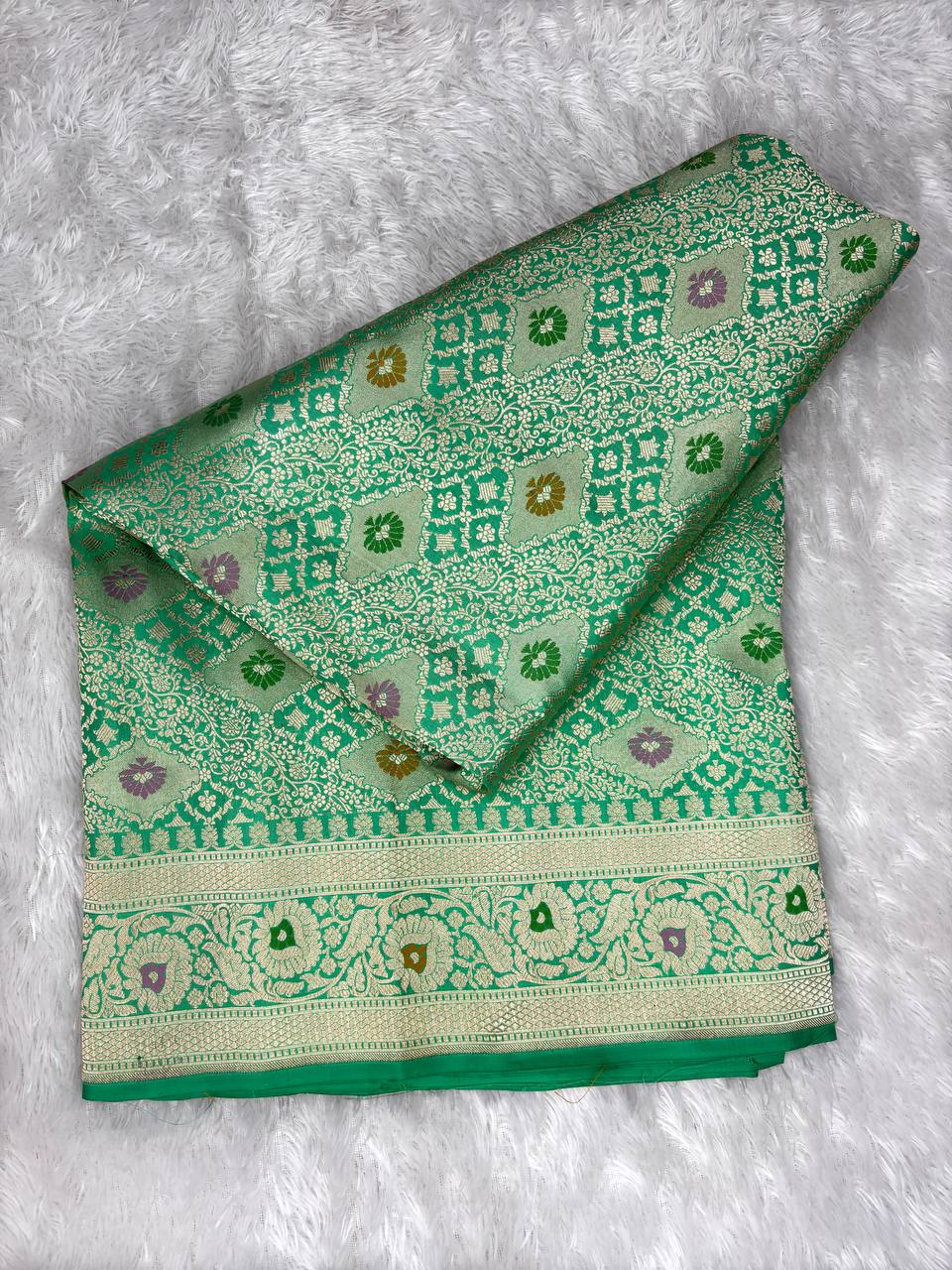 Emerald Green Banarasi Katan Silk Saree with Allover Floral Jaal and Pastel Meenakari