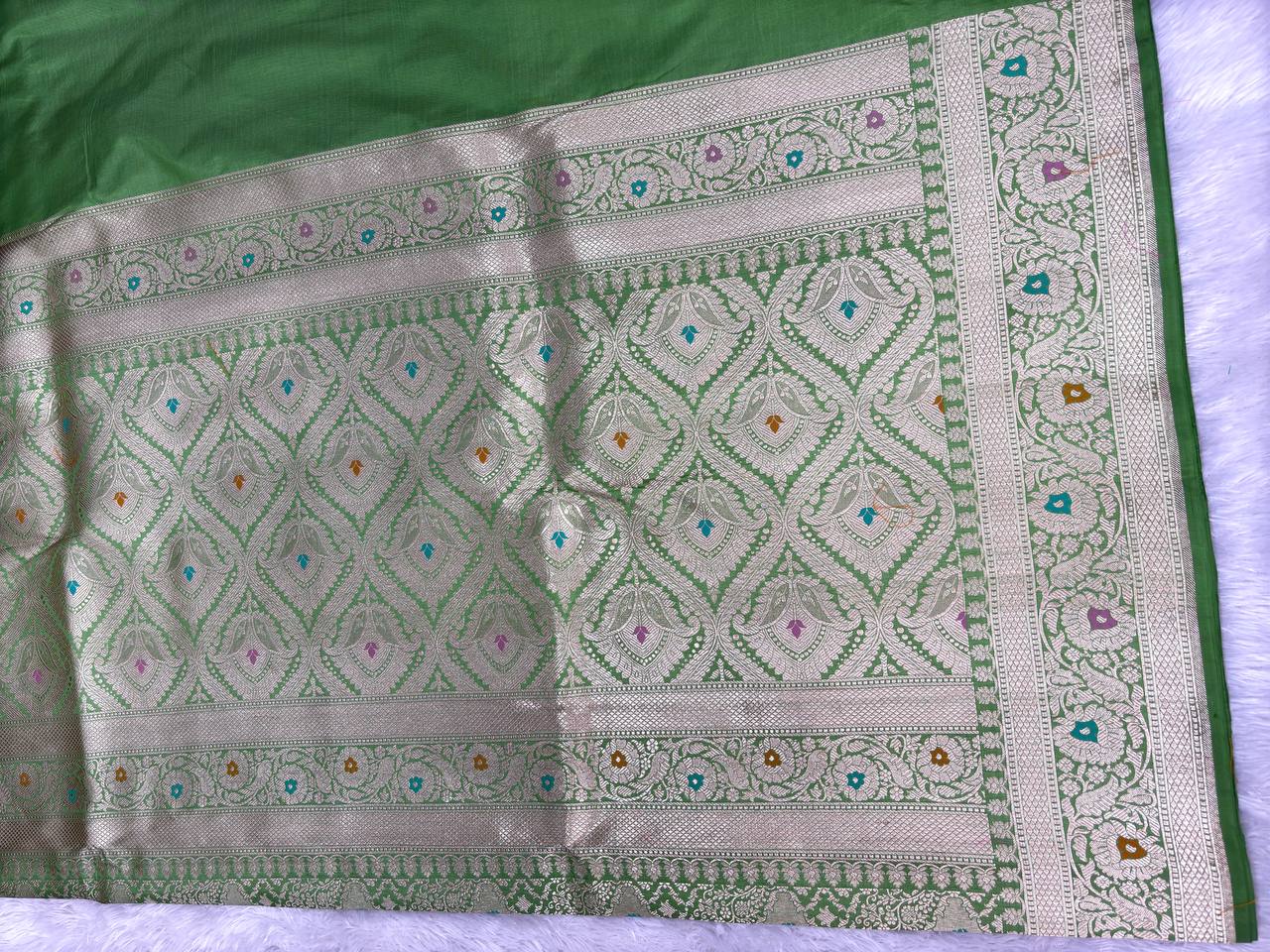 Emerald Green Banarasi Katan Silk Saree with Allover Floral Jaal and Pastel Meenakari