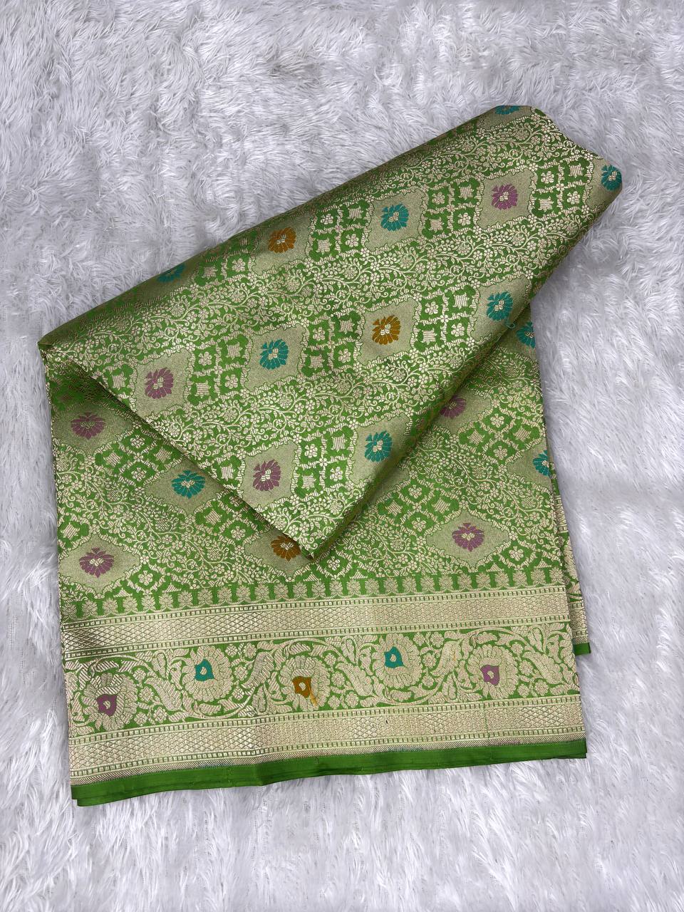 Emerald Green Banarasi Katan Silk Saree with Allover Floral Jaal and Pastel Meenakari