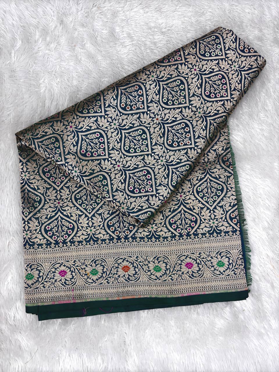Majestic Teal Blue Banarasi Katan Silk Saree with Intricate Leaf-Pattern Jaal