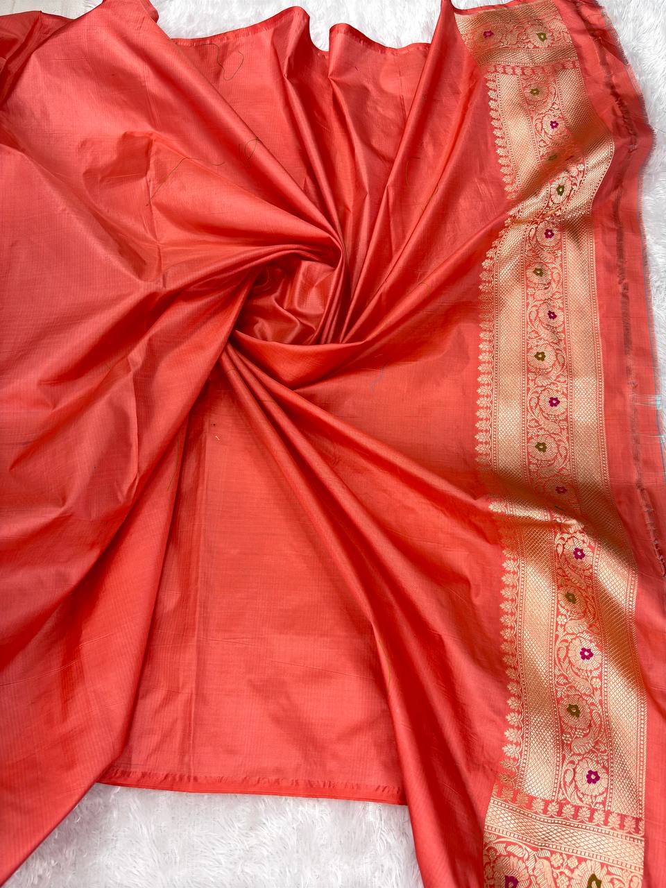 Elegant Peach-Pink Banarasi Katan Silk Saree with Meenakari Brocade