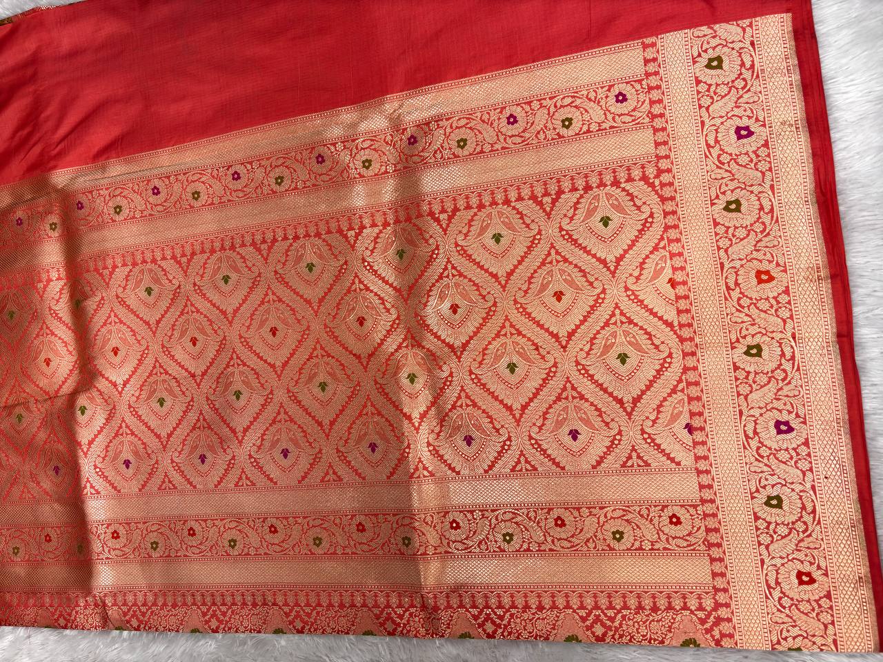 Elegant Peach-Pink Banarasi Katan Silk Saree with Meenakari Brocade