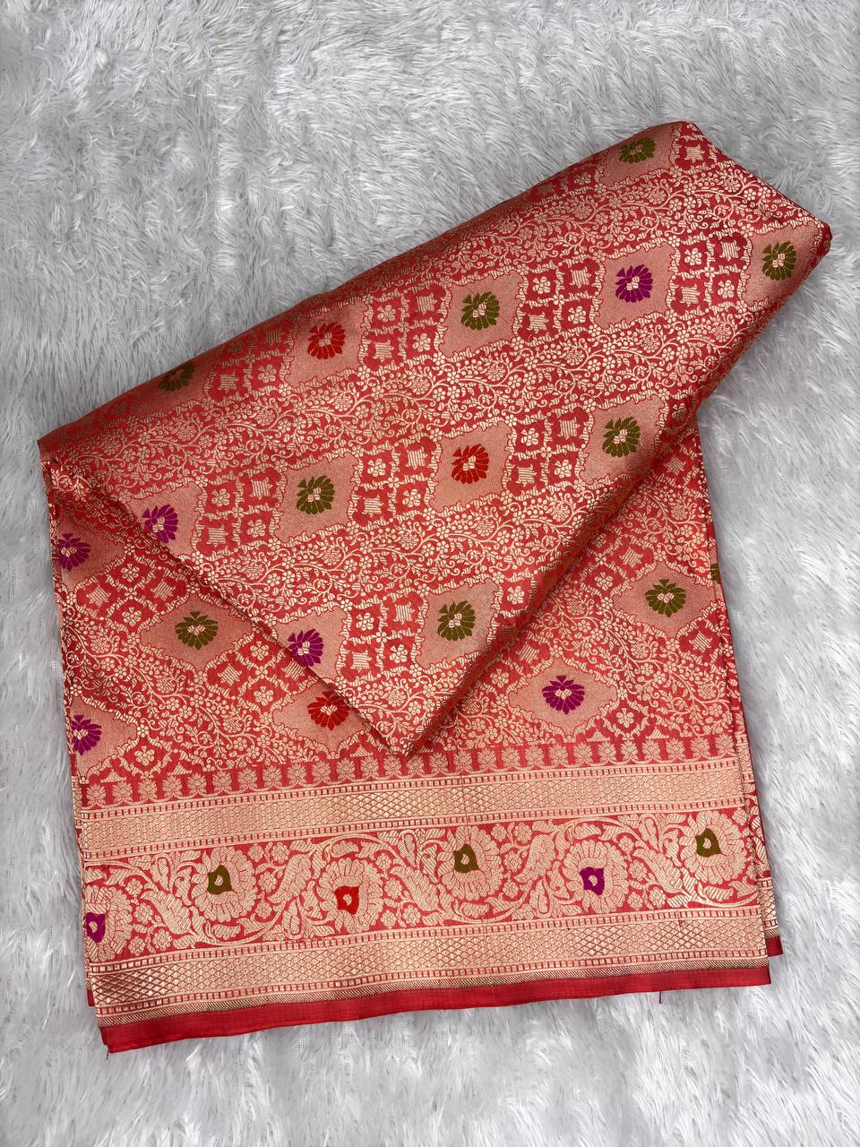 Elegant Peach-Pink Banarasi Katan Silk Saree with Meenakari Brocade