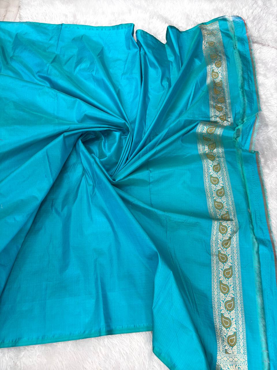 Handwoven Firoza Blue Katan Silk Banarasi Jungla Saree with Silver Zari Meenakari Cutwork