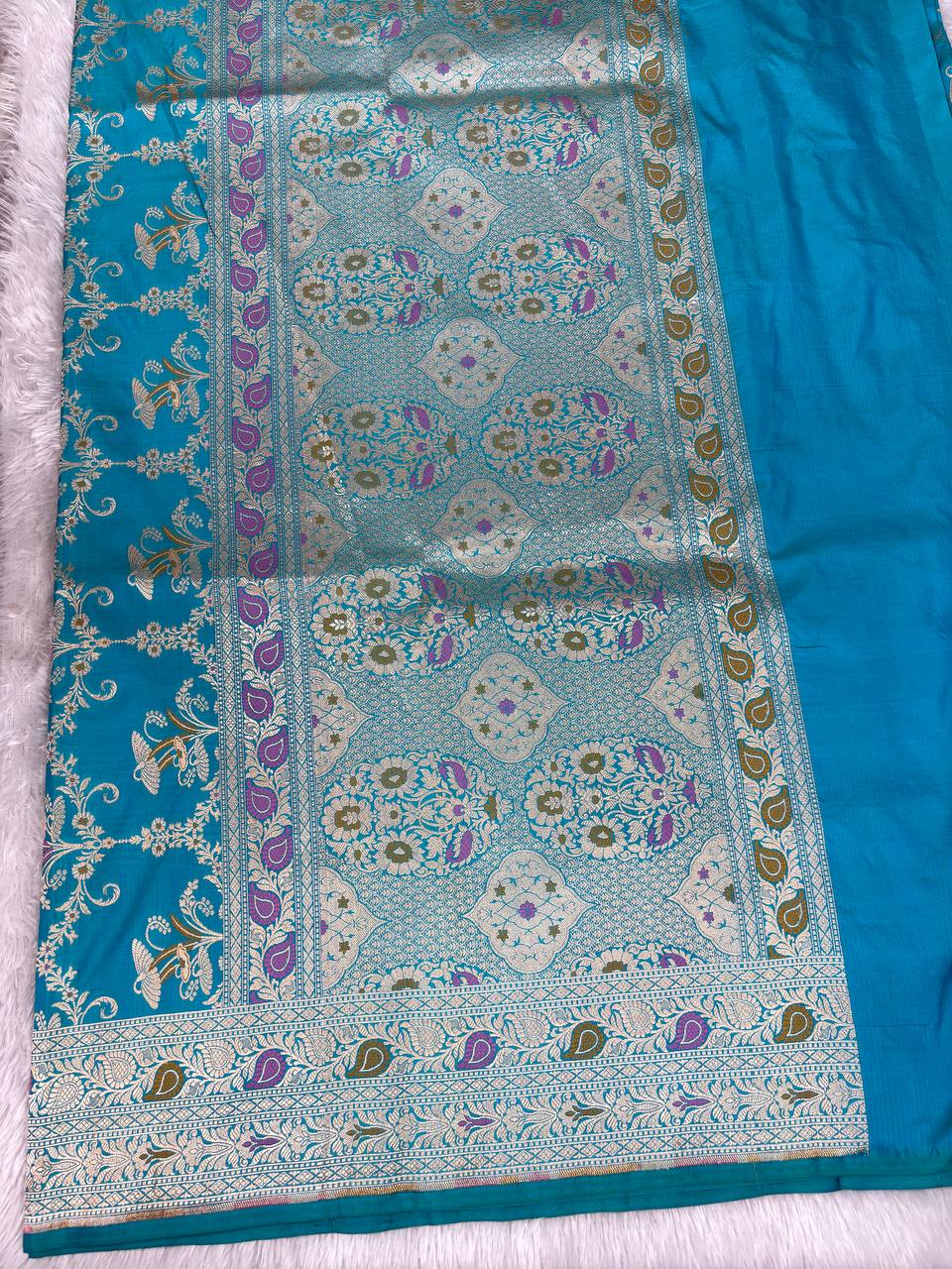 Handwoven Firoza Blue Katan Silk Banarasi Jungla Saree with Silver Zari Meenakari Cutwork