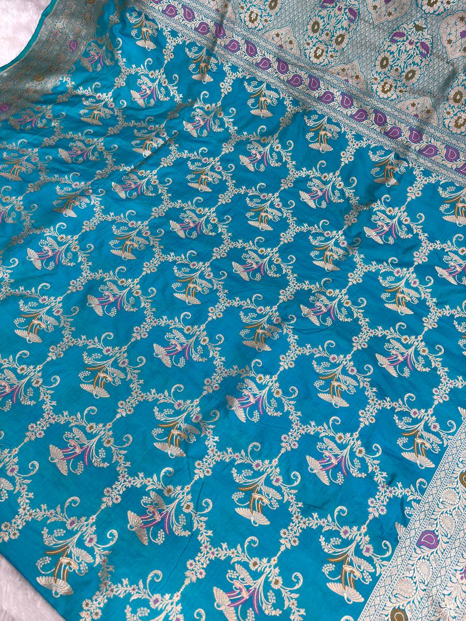Handwoven Firoza Blue Katan Silk Banarasi Jungla Saree with Silver Zari Meenakari Cutwork