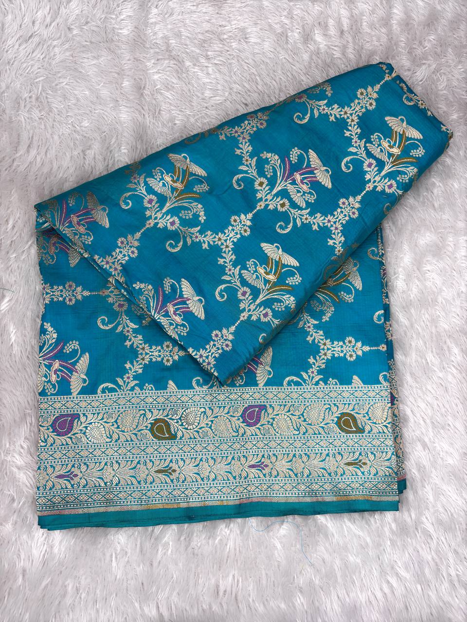 Handwoven Firoza Blue Katan Silk Banarasi Jungla Saree with Silver Zari Meenakari Cutwork