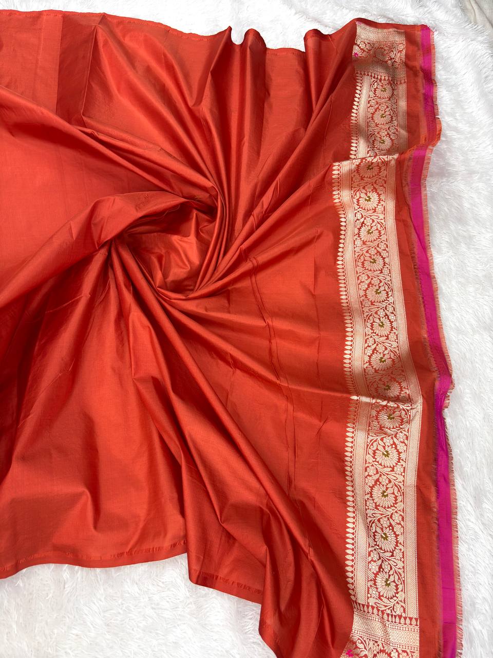 Regal Crimson Red Katan Silk Banarasi Jungla Saree with Gold Zari Meenakari Cutwork