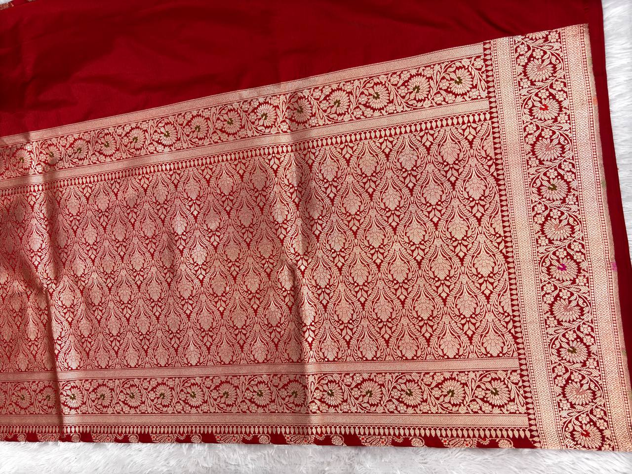Regal Crimson Red Katan Silk Banarasi Jungla Saree with Gold Zari Meenakari Cutwork