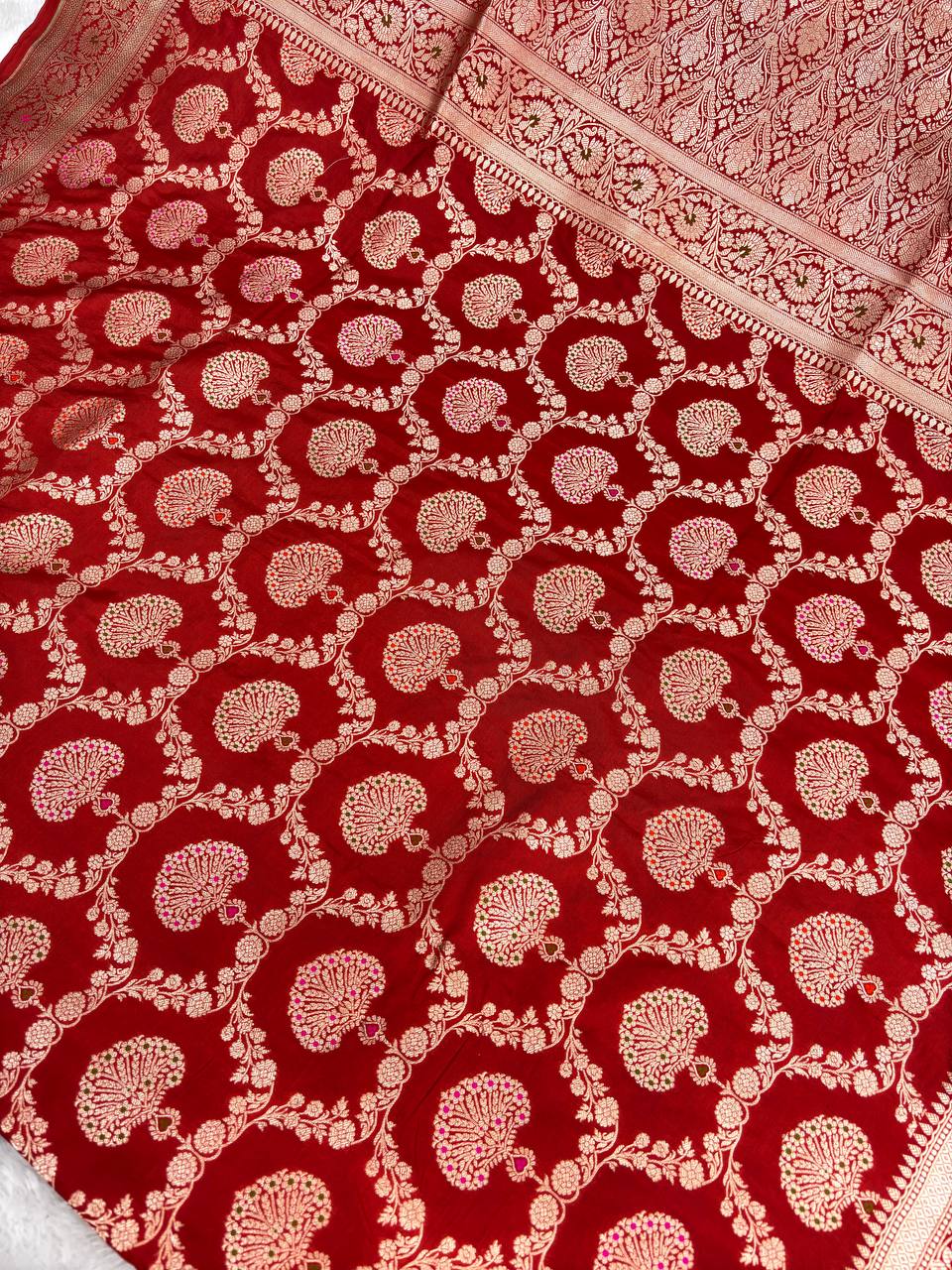 Regal Crimson Red Katan Silk Banarasi Jungla Saree with Gold Zari Meenakari Cutwork