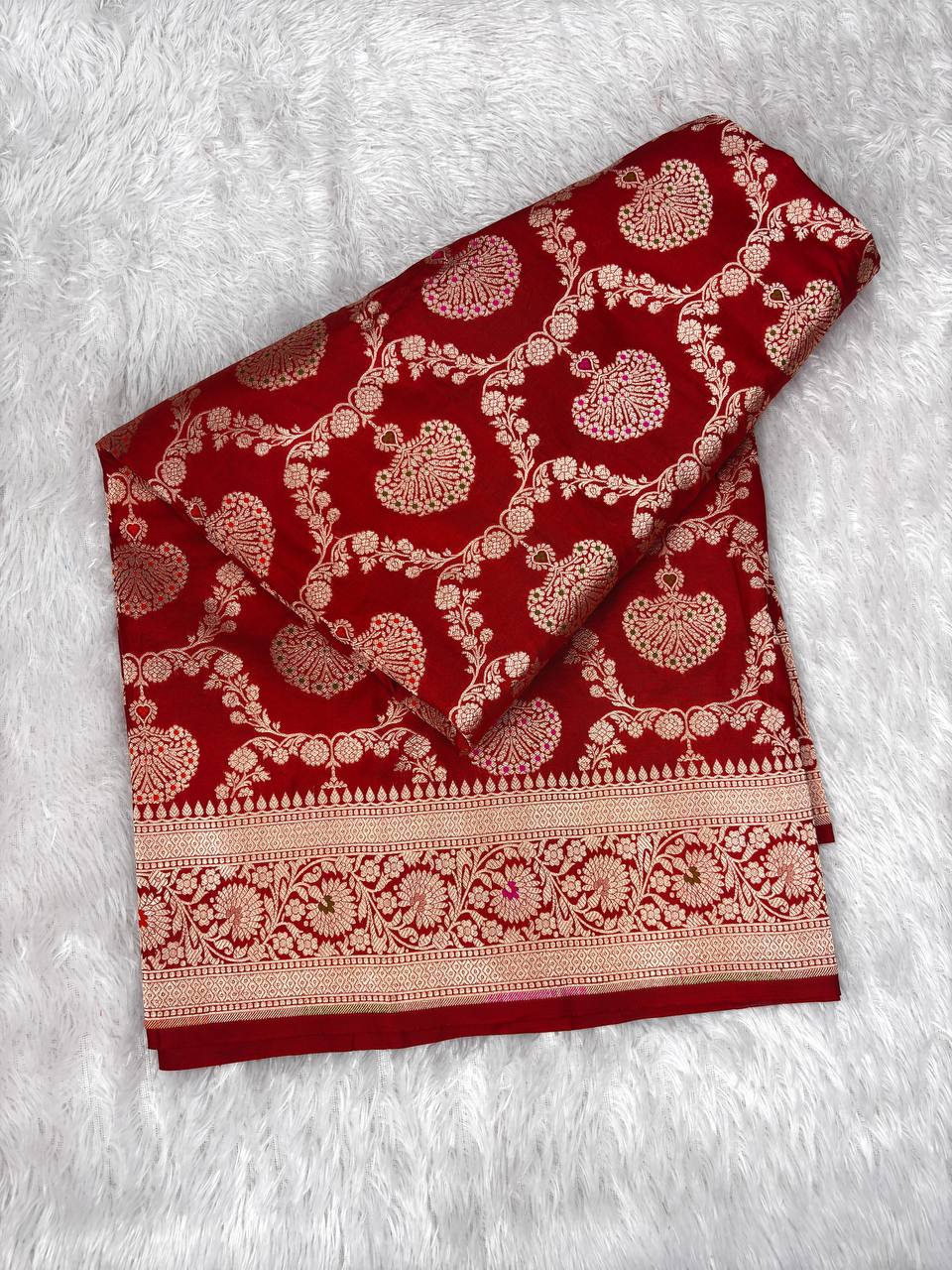 Regal Crimson Red Katan Silk Banarasi Jungla Saree with Gold Zari Meenakari Cutwork
