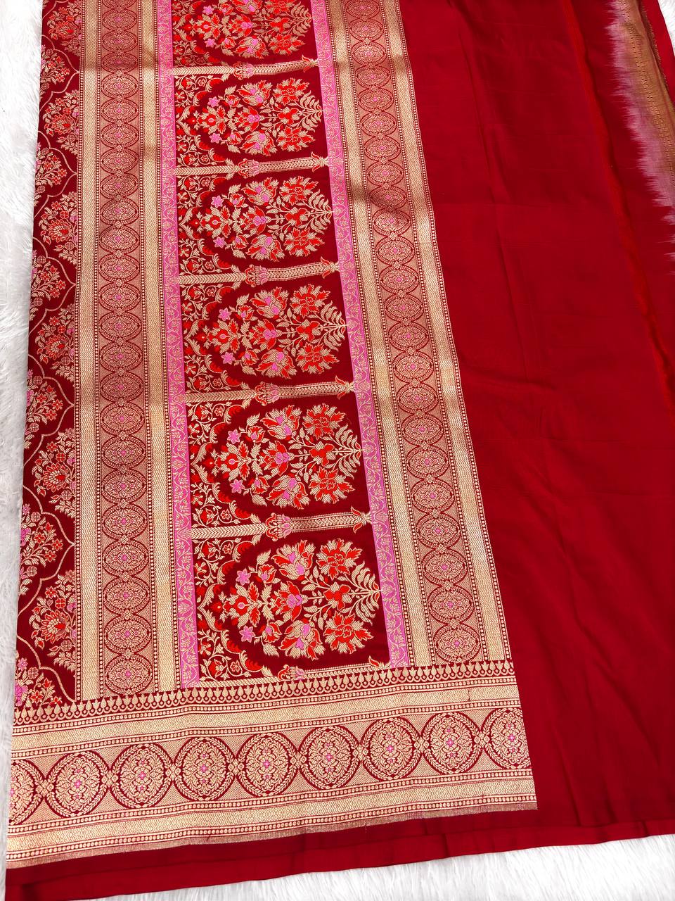 Opulent Maroon-Red Katan Silk Banarasi Jungla Saree with Gold Zari & Pink Meenakari Cutwork
