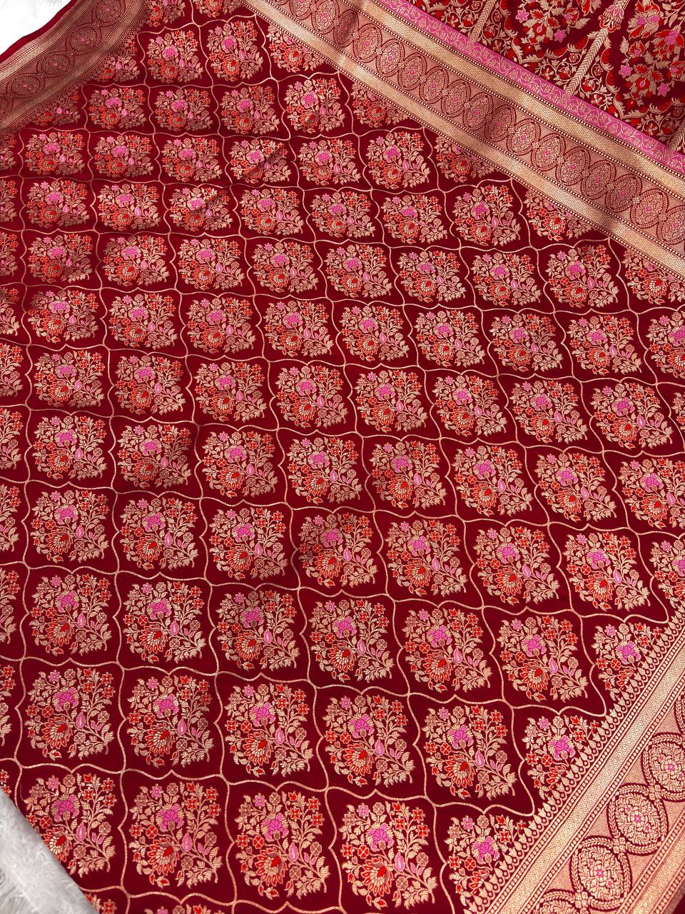 Opulent Maroon-Red Katan Silk Banarasi Jungla Saree with Gold Zari & Pink Meenakari Cutwork