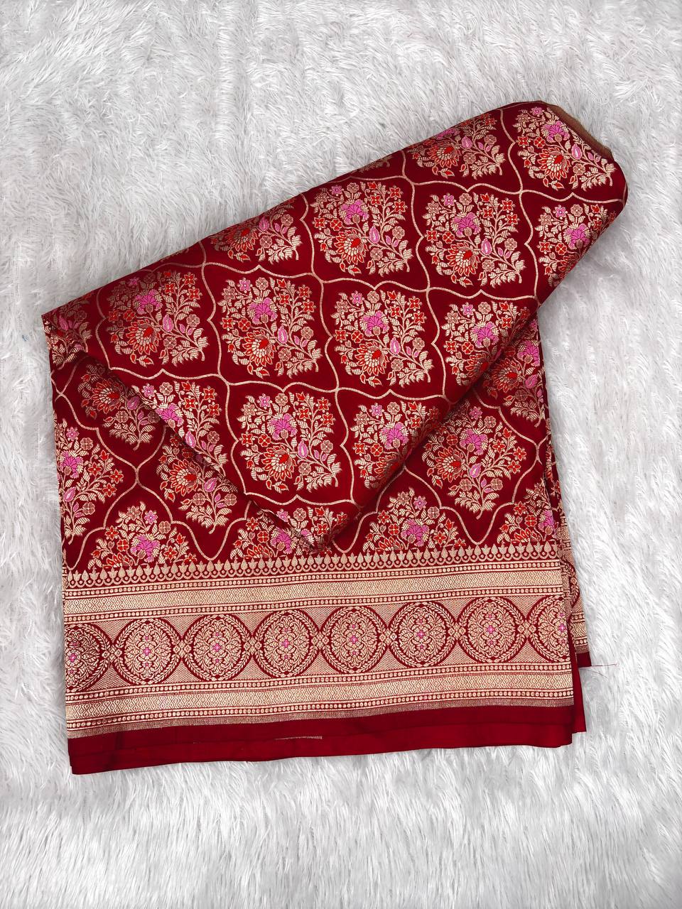 Opulent Maroon-Red Katan Silk Banarasi Jungla Saree with Gold Zari & Pink Meenakari Cutwork