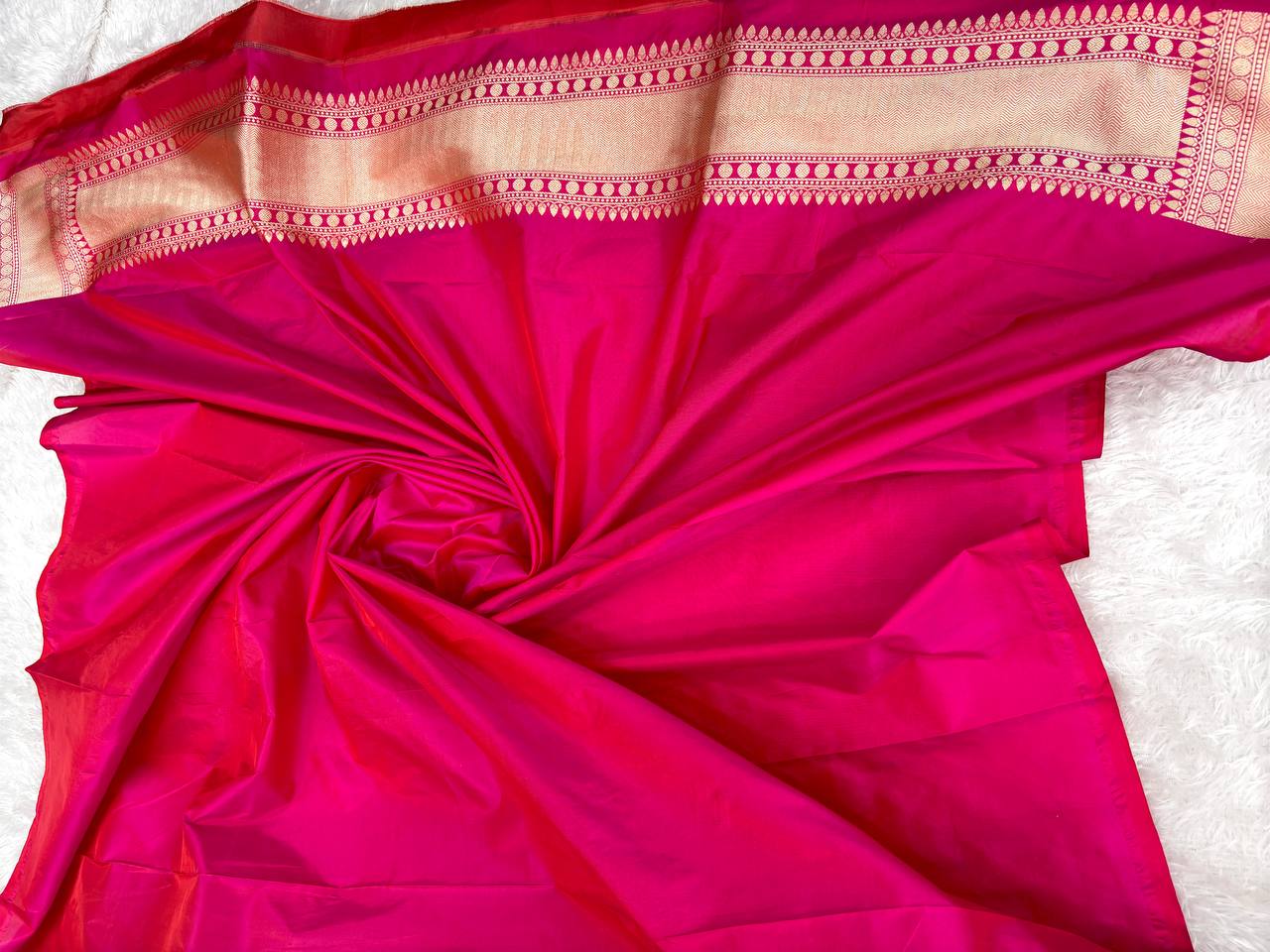 Vibrant Magenta Pink Katan Silk Banarasi Saree with Gold Zari Floral Butas and Meenakari Accents