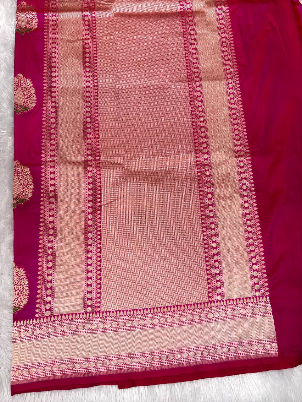 Vibrant Magenta Pink Katan Silk Banarasi Saree with Gold Zari Floral Butas and Meenakari Accents