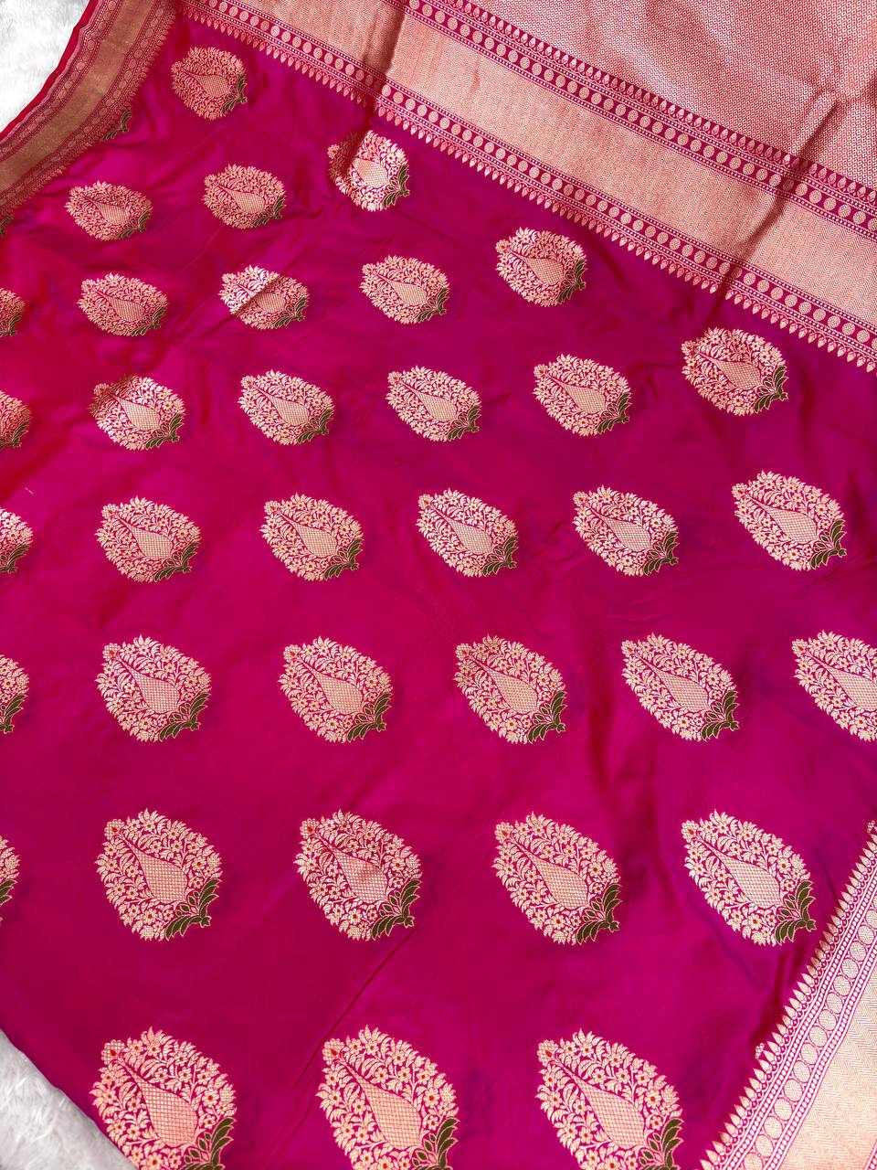 Vibrant Magenta Pink Katan Silk Banarasi Saree with Gold Zari Floral Butas and Meenakari Accents