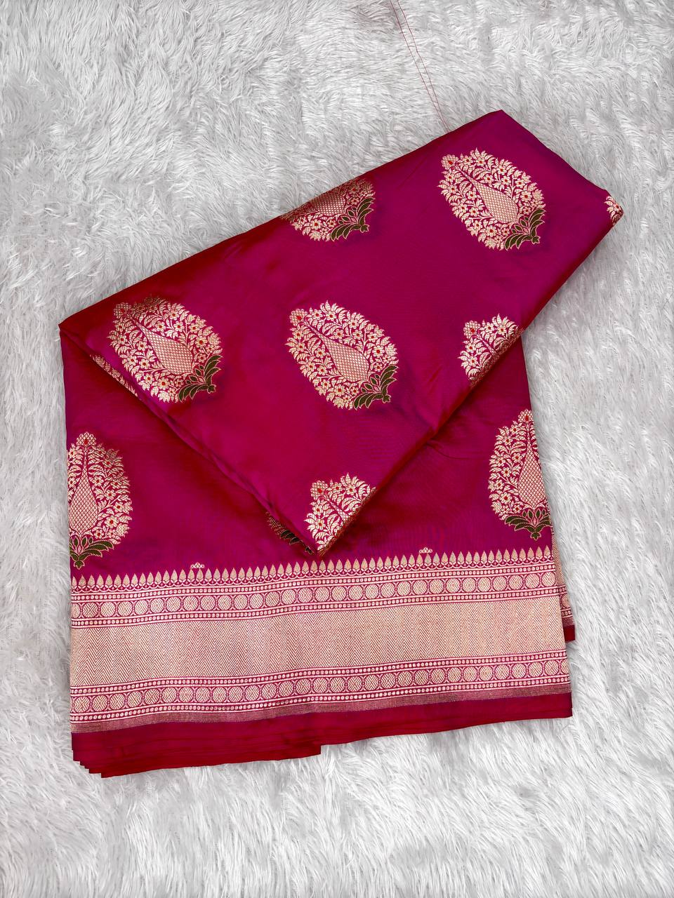 Vibrant Magenta Pink Katan Silk Banarasi Saree with Gold Zari Floral Butas and Meenakari Accents