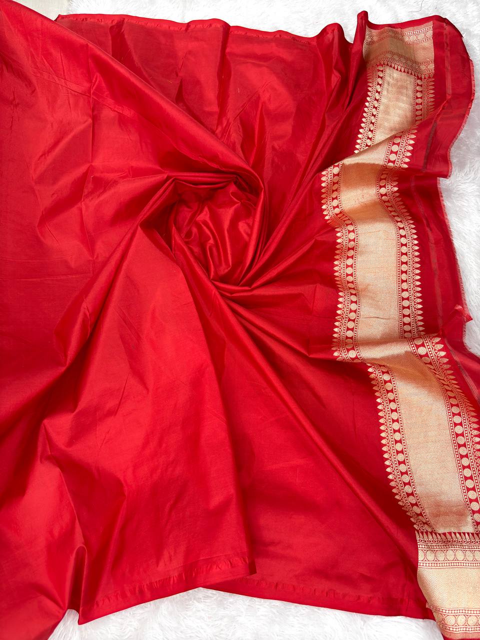 Heritage Crimson Red Katan Silk Banarasi Saree with Silver Zari Floral Butas & Meenakari Accents