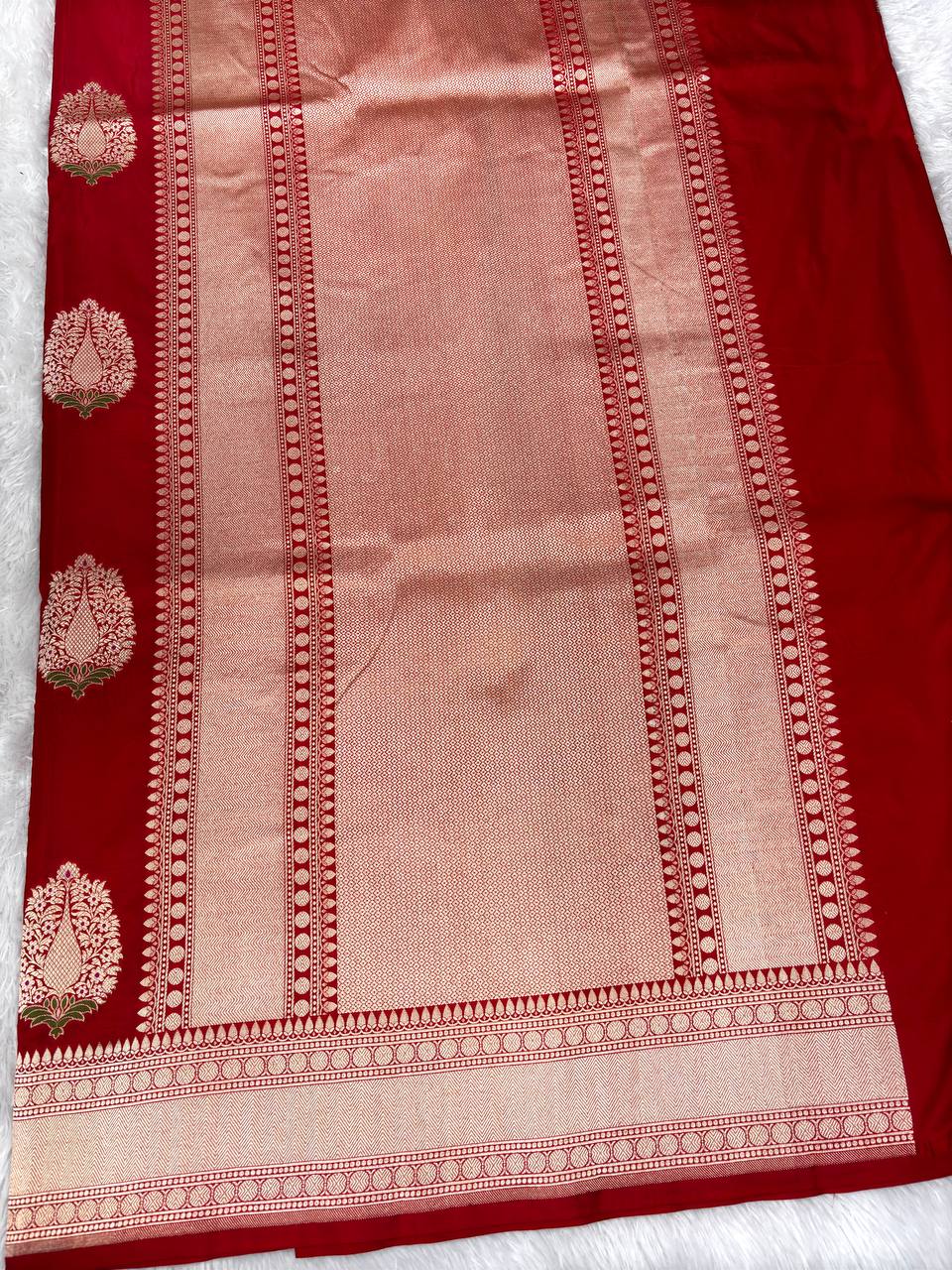 Heritage Crimson Red Katan Silk Banarasi Saree with Silver Zari Floral Butas & Meenakari Accents