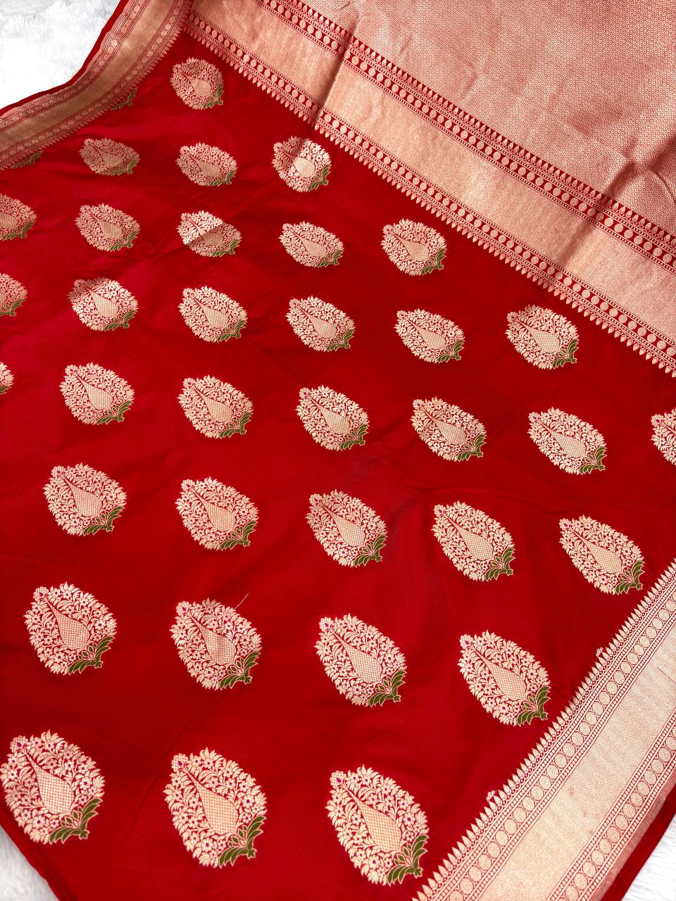 Heritage Crimson Red Katan Silk Banarasi Saree with Silver Zari Floral Butas & Meenakari Accents
