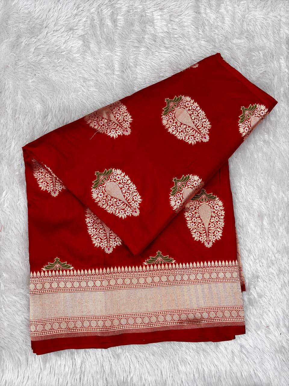 Heritage Crimson Red Katan Silk Banarasi Saree with Silver Zari Floral Butas & Meenakari Accents