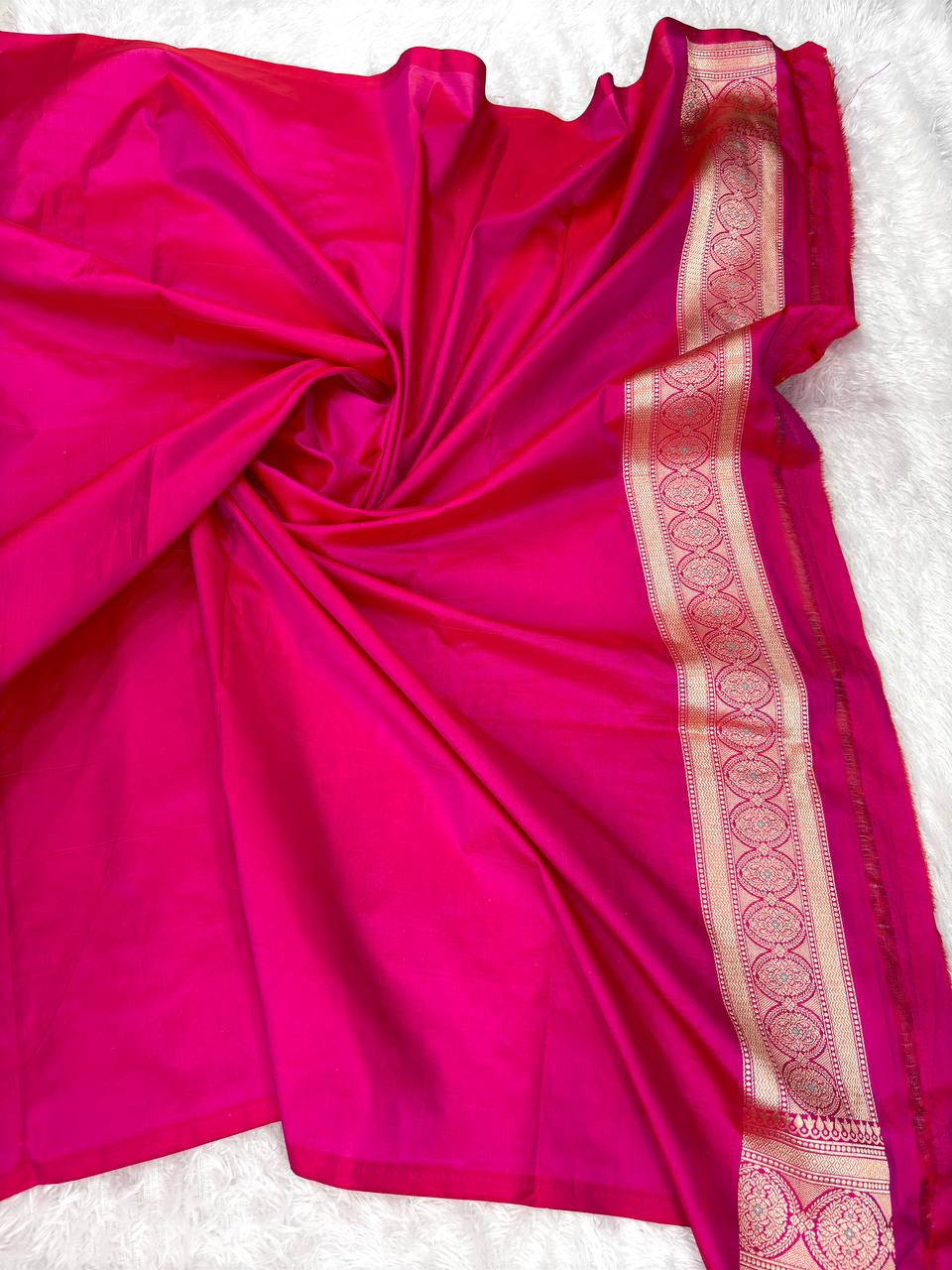 Handwoven Rani Pink Katan Silk Banarasi Jungla Saree with Meenakari Floral Jaal and Cutwork Weave