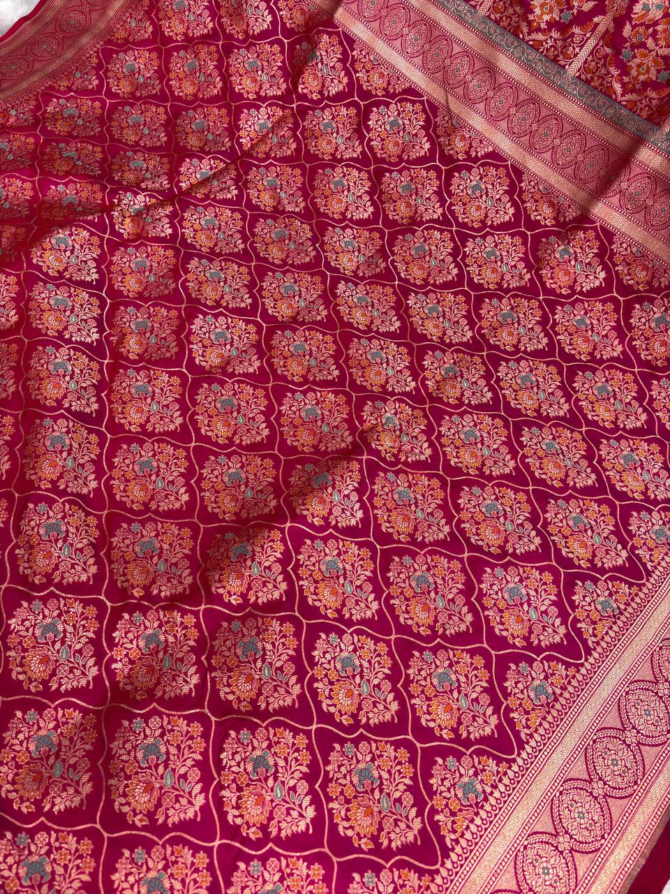 Handwoven Rani Pink Katan Silk Banarasi Jungla Saree with Meenakari Floral Jaal and Cutwork Weave