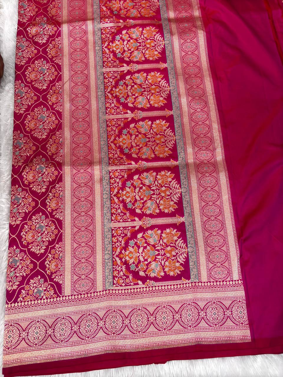 Handwoven Rani Pink Katan Silk Banarasi Jungla Saree with Meenakari Floral Jaal and Cutwork Weave