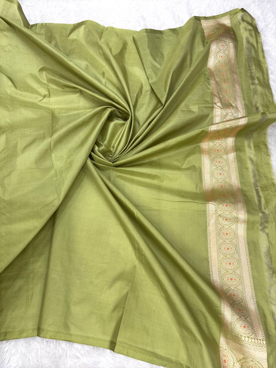 Olive Green Handwoven Banarasi Katan Silk Saree | Antique Zari Jungla Meenakari Work | Traditional Cutwork Weaver's Masterpiece