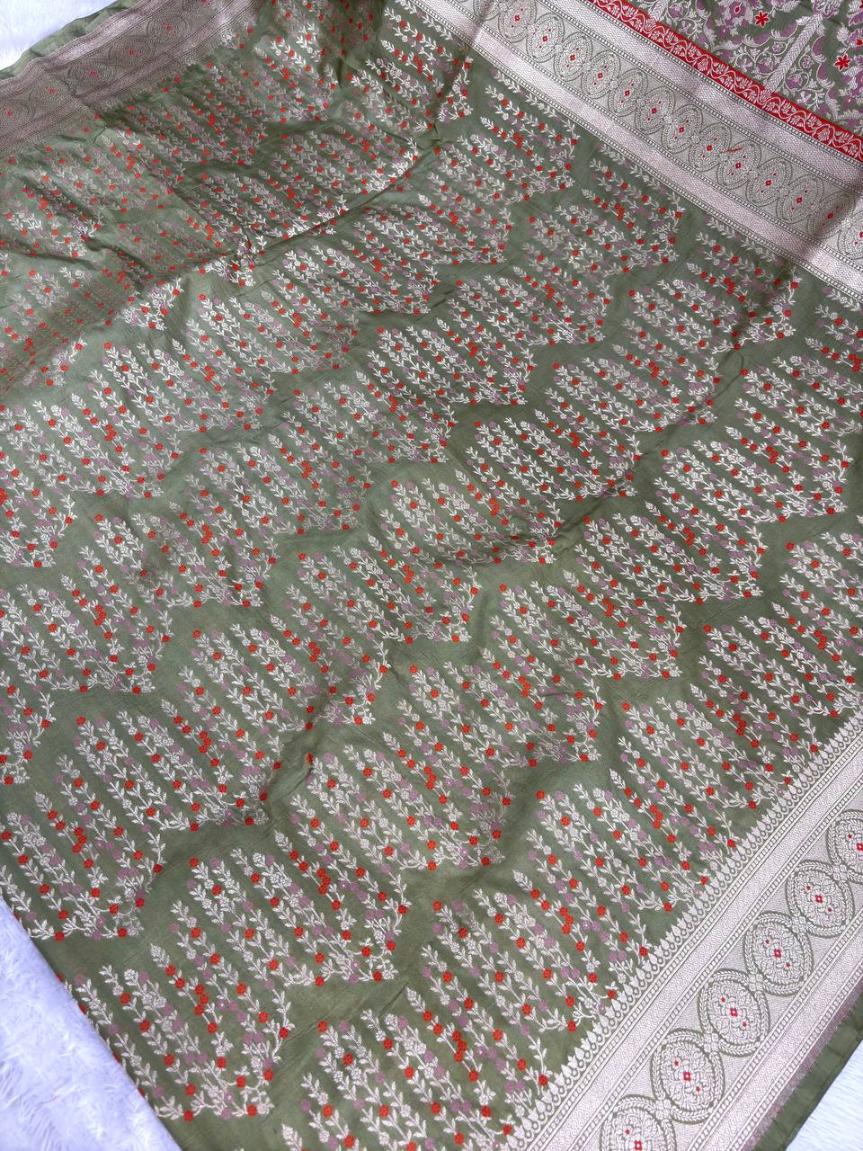 Olive Green Handwoven Banarasi Katan Silk Saree | Antique Zari Jungla Meenakari Work | Traditional Cutwork Weaver's Masterpiece